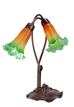 Twin Lily Tiffany Table Lamp Amber Green