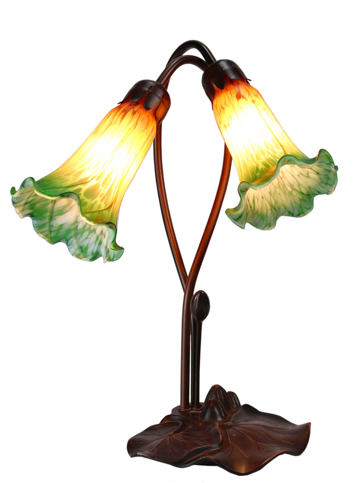 Twin Lily Tiffany Table Lamp Amber Green