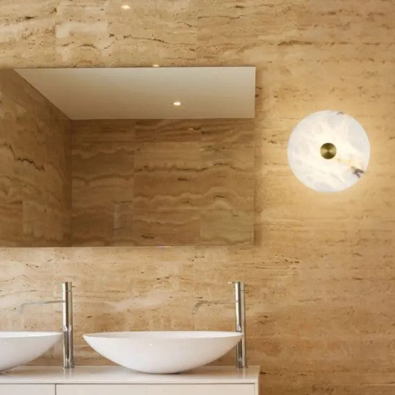 Bower Modern Alabaster Stone 250mm Round Wall Light in Brass
