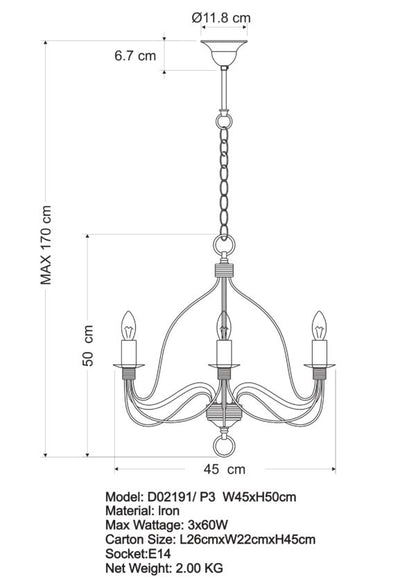 Candice 3LT Candelabra Pendant White