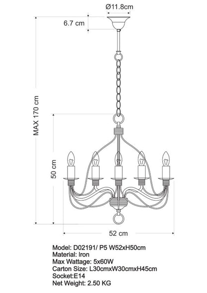 Candice 5LT Candelabra Pendant White