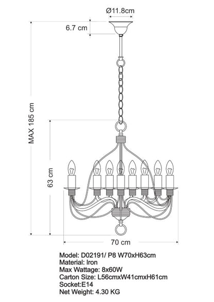 Candice 8LT Candelabra Pendant Black