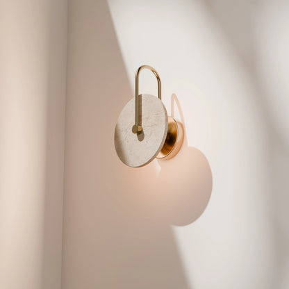 Orville Travertine Arm Round Wall Light Brass