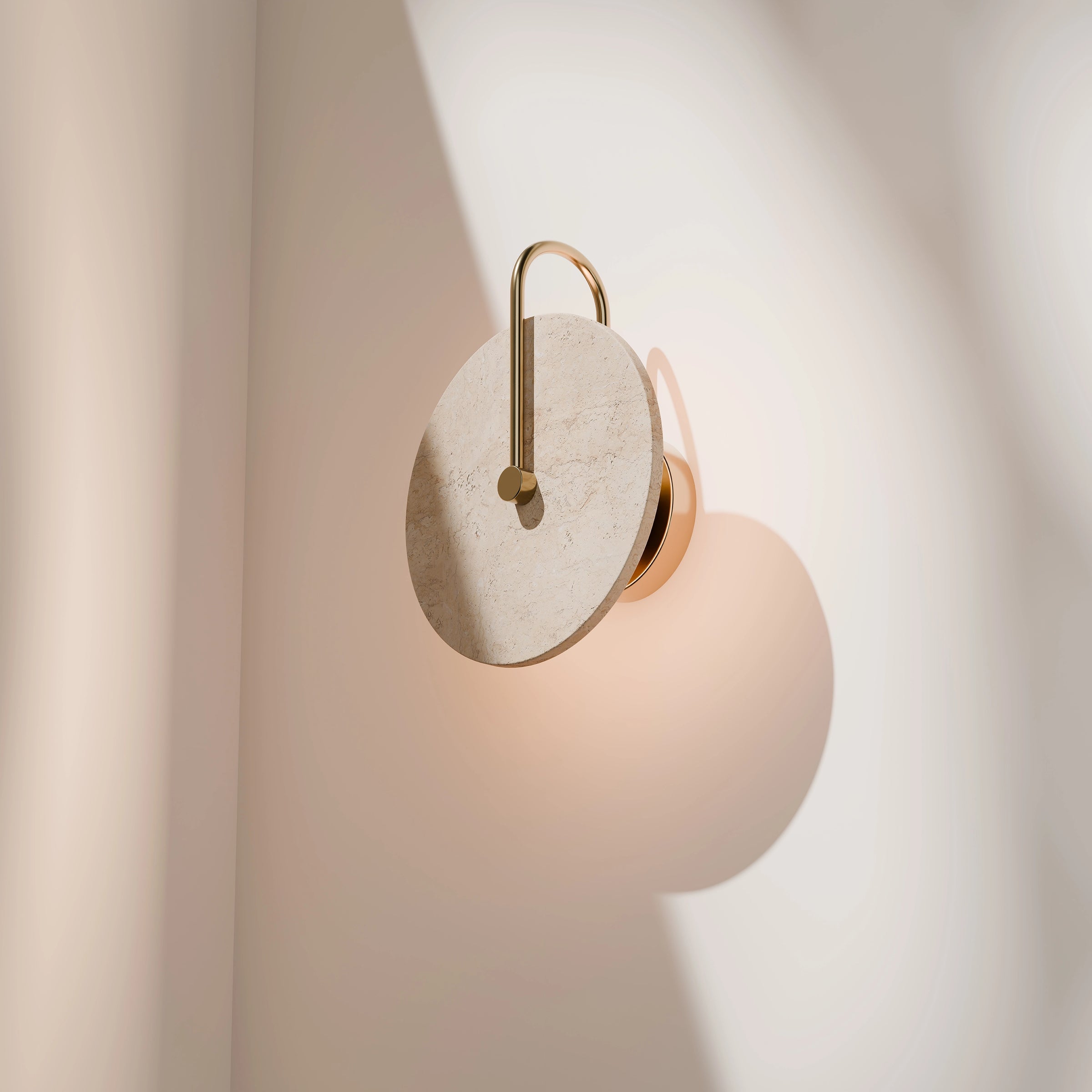 Orville Travertine Arm Round Wall Light Brass