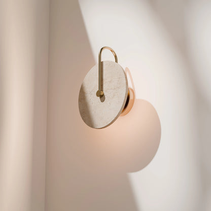 Orville Travertine Arm Round Wall Light Brass